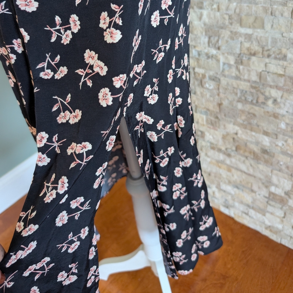 Vintage 90s Black Floral Dress Shoulder Pads Ruffle Slit Button Detail Sz 2 image 6